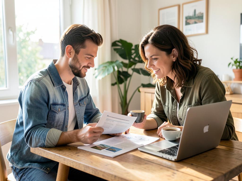 Expat couple reviewing destination guides and relocation documents at a laptop