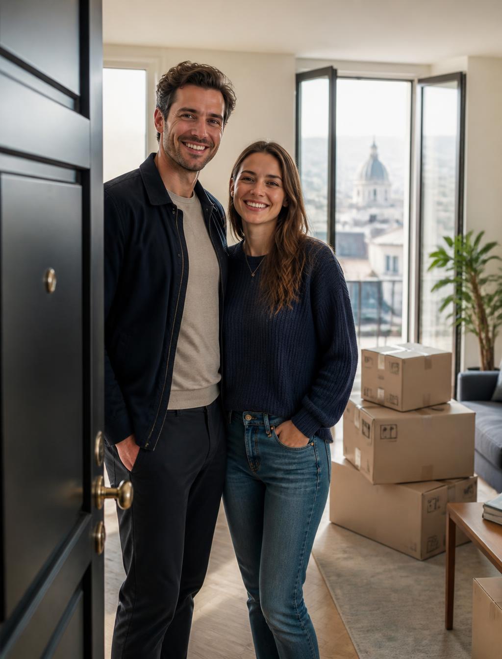 A smiling couple standing in the doorway of their new apartment abroad, surrounded by moving boxes with a European city skyline behind them